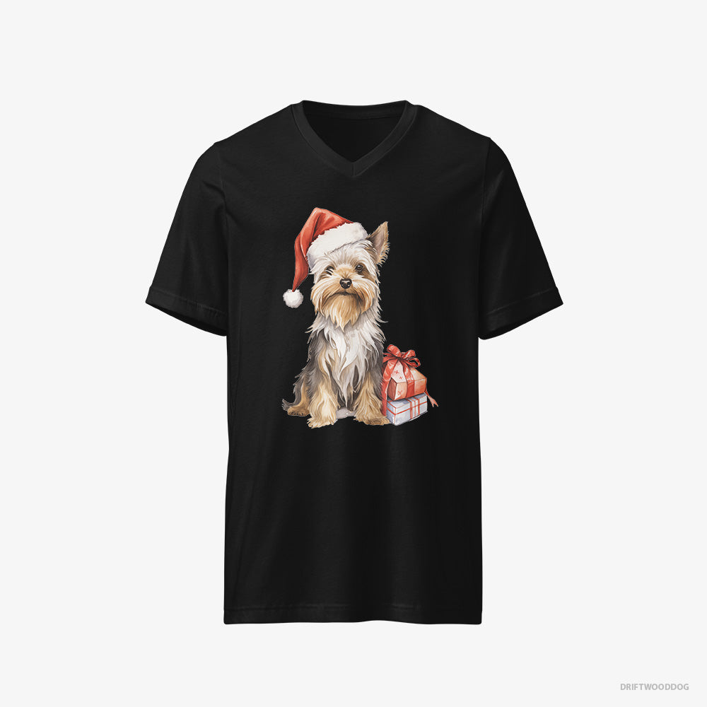 Yorkshire Terrier T-Shirt – Men Black T-Shirt V-Neck – Dressed as Santa (on White Background)