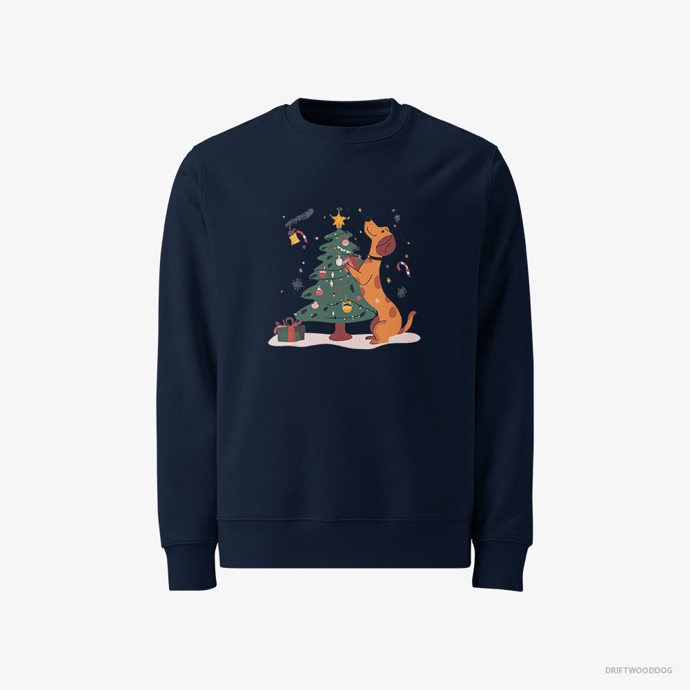 Dachshund Sweatshirt – Men Navy Sweatshirt Classic – Decorating the Christmas Tree (on White Background)