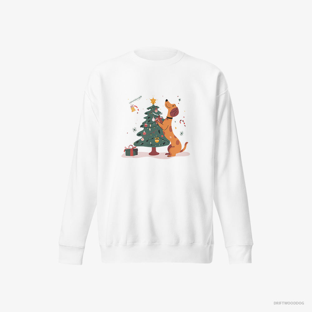 Dachshund Sweatshirt – Men White Sweatshirt Eco-Friendly – Decorating the Christmas Tree (on White Background)