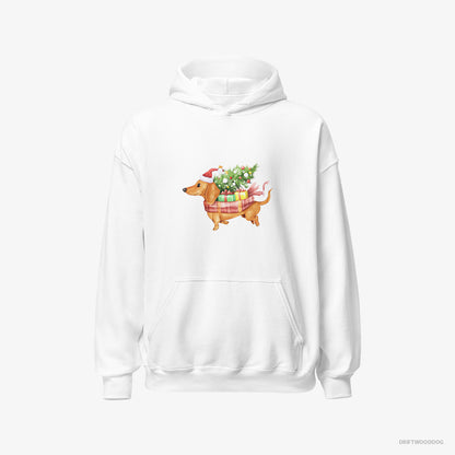 Dachshund Hoodie – Men White Hoodie Classic – Racing Through the Snow with Christmas Gifts (on White Background)