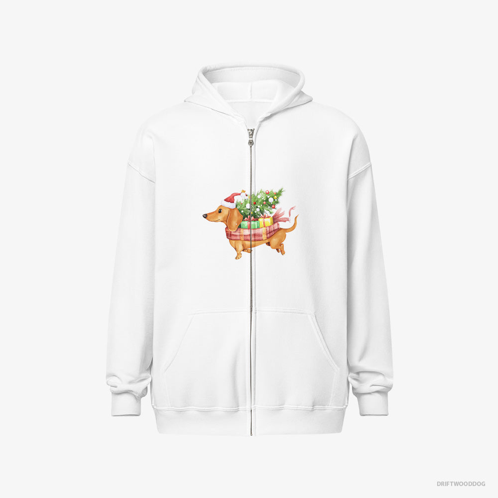 Dachshund Hoodie – Men White Hoodie Full-Zip – Racing Through the Snow with Christmas Gifts (on White Background)