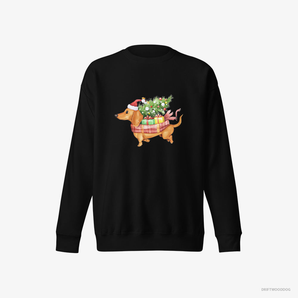 Dachshund Sweatshirt – Women Black Sweatshirt Eco-Friendly – Racing Through the Snow with Christmas Gifts (on White Background)