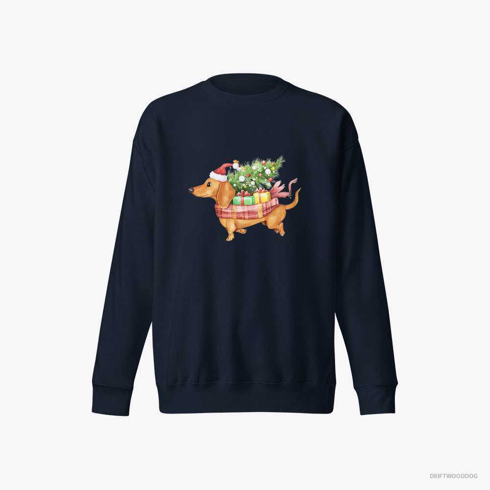 Dachshund Sweatshirt – Men Navy Sweatshirt Eco-Friendly – Racing Through the Snow with Christmas Gifts (on White Background)