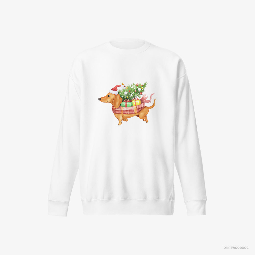 Dachshund Sweatshirt – Men White Sweatshirt Eco-Friendly – Racing Through the Snow with Christmas Gifts (on White Background)