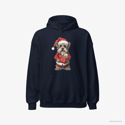 Yorkshire Terrier Carrying a Bag of Christmas Cookies Navy Hoodie