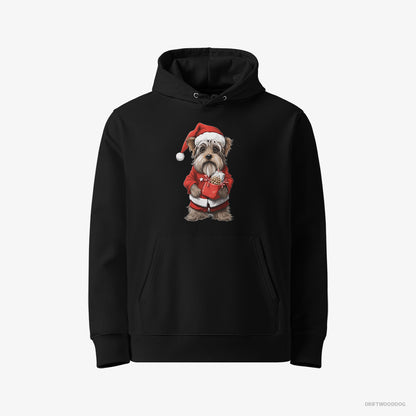 Yorkshire Terrier Hoodie – Men Black Hoodie Eco-Friendly – Carrying a Bag of Christmas Cookies (on White Background)