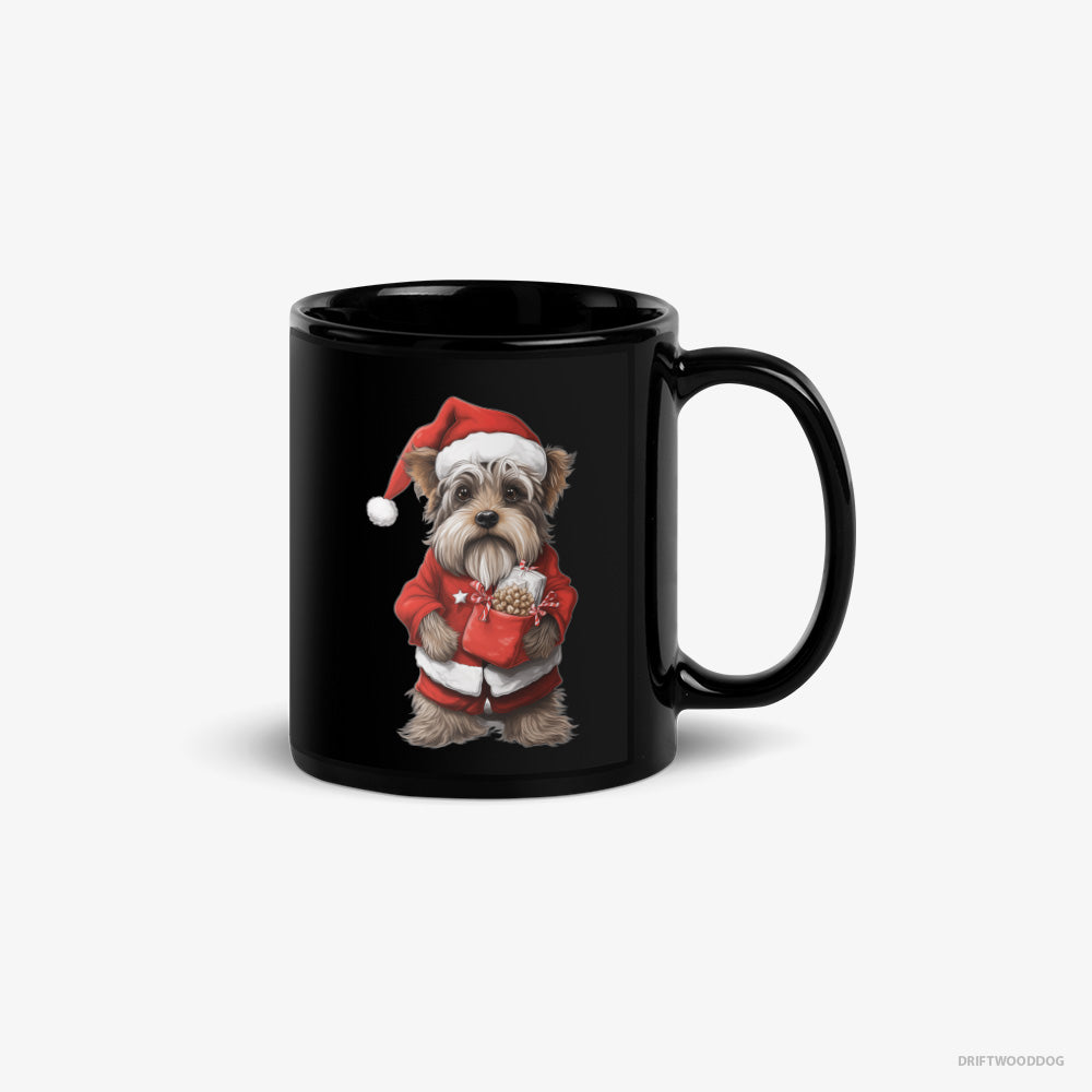 Yorkshire Terrier Mug – Unisex Black Mug Classic – Carrying a Bag of Christmas Cookies (on White Background)