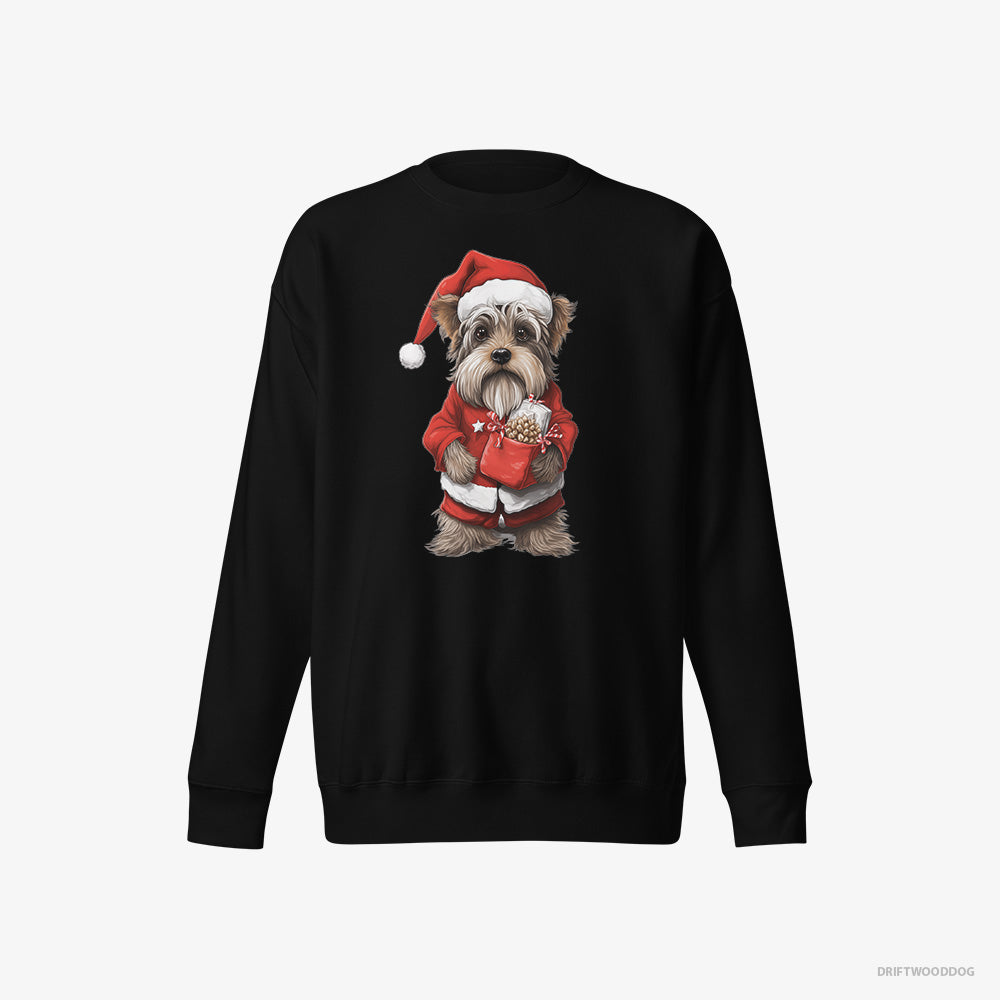 Yorkshire Terrier Sweatshirt – Men Black Sweatshirt Eco-Friendly – Carrying a Bag of Christmas Cookies (on White Background)