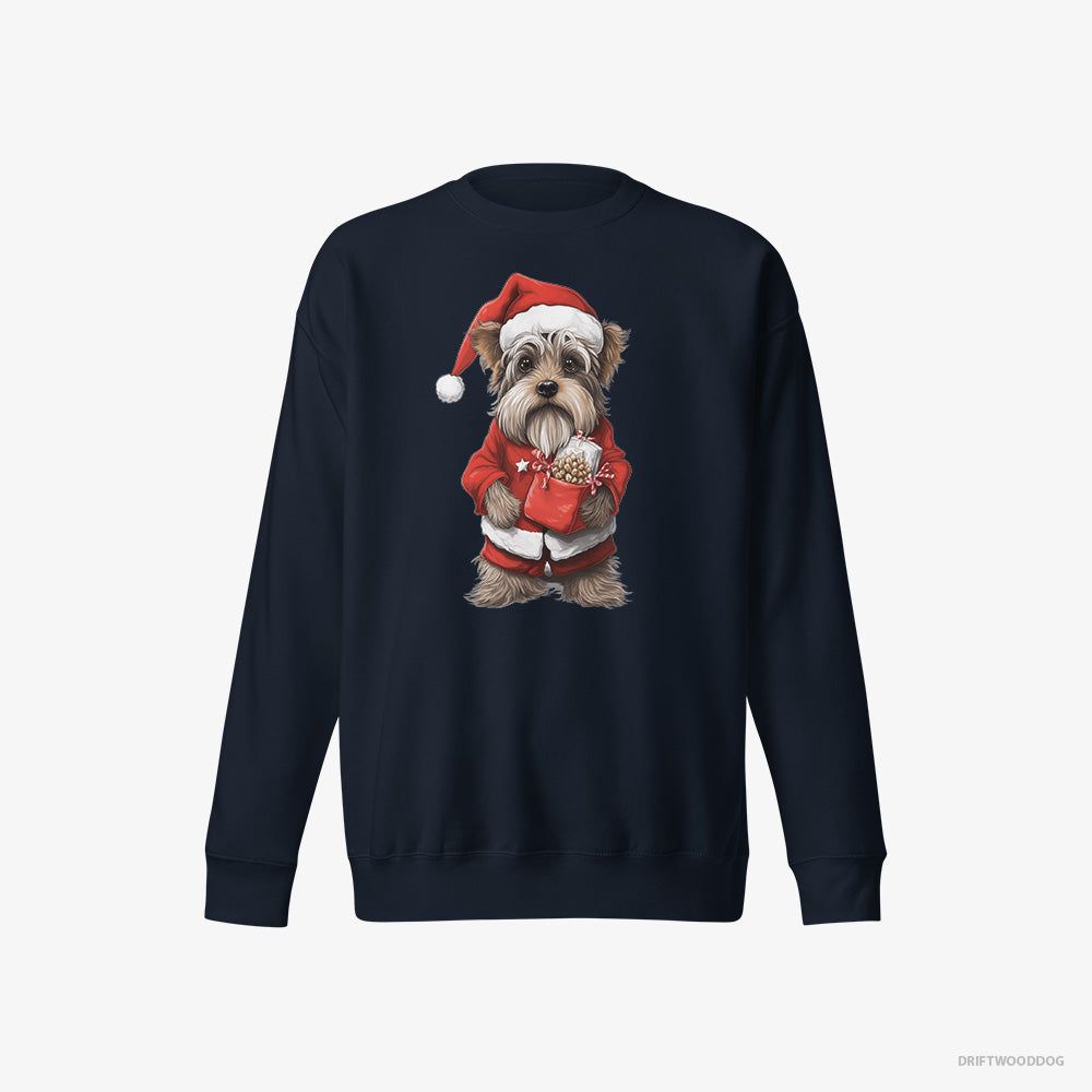 Yorkshire Terrier Sweatshirt – Women Navy Sweatshirt Eco-Friendly – Carrying a Bag of Christmas Cookies (on White Background)