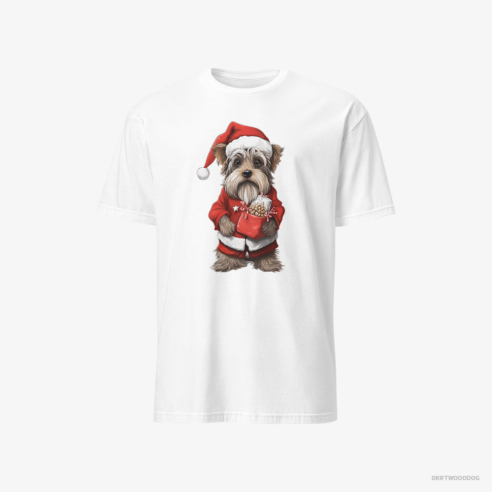 Yorkshire Terrier T-Shirt – Men White T-Shirt Classic – Carrying a Bag of Christmas Cookies (on White Background)