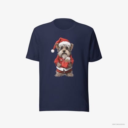 Yorkshire Terrier T-Shirt – Women Navy T-Shirt Eco-Friendly – Carrying a Bag of Christmas Cookies (on White Background)