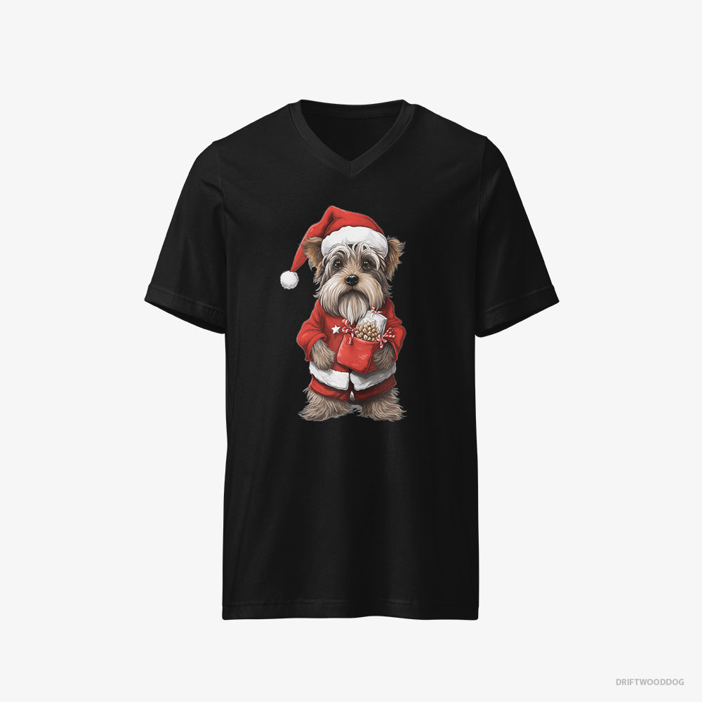 Yorkshire Terrier T-Shirt – Men Black T-Shirt V-Neck – Carrying a Bag of Christmas Cookies (on White Background)