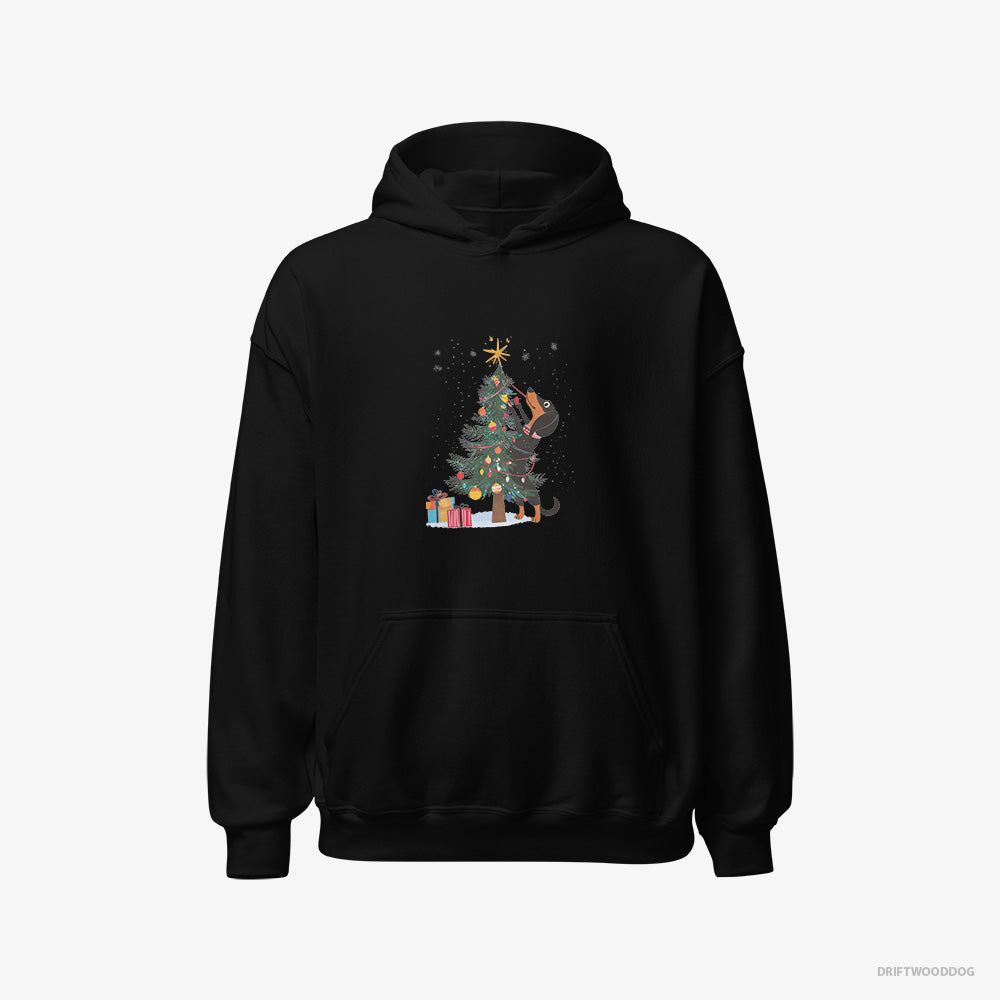 Dachshund Hoodie – Women Black Hoodie Classic – Styling the Christmas Tree (on White Background)