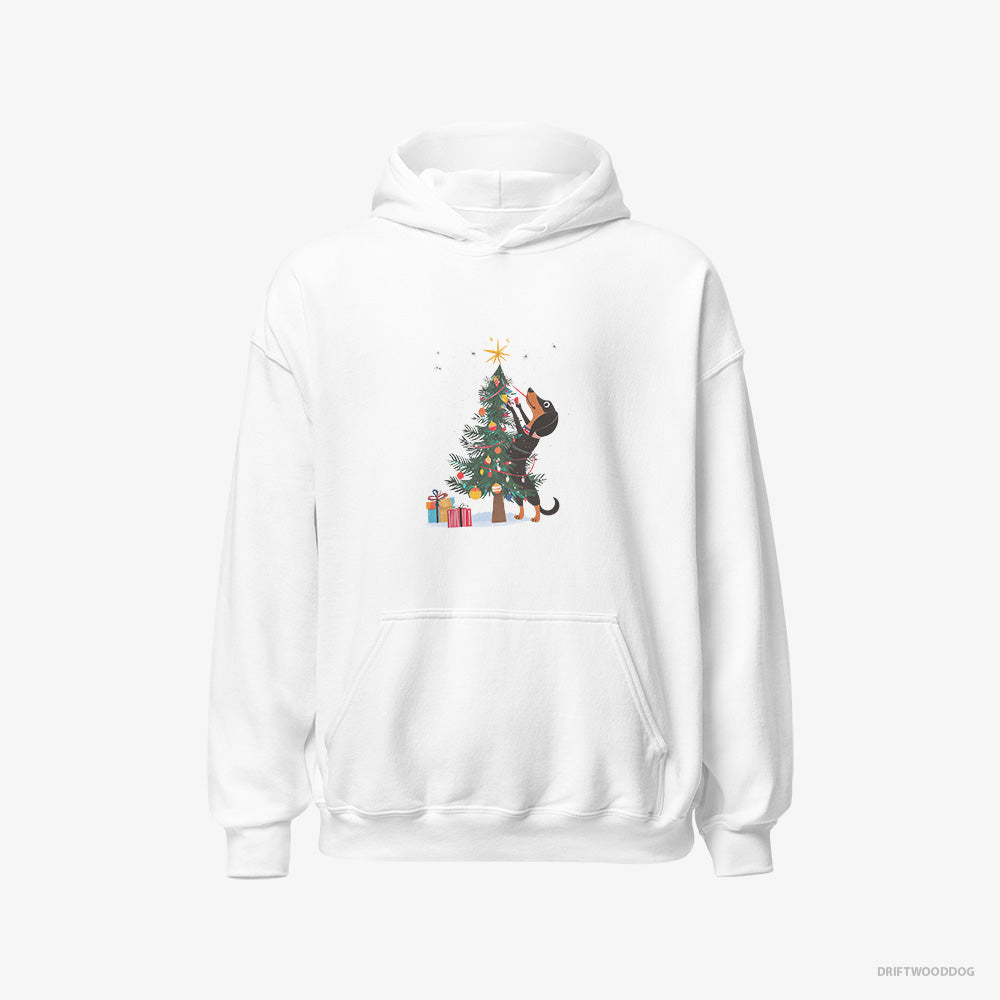 Dachshund Hoodie – Men White Hoodie Classic – Styling the Christmas Tree (on White Background)