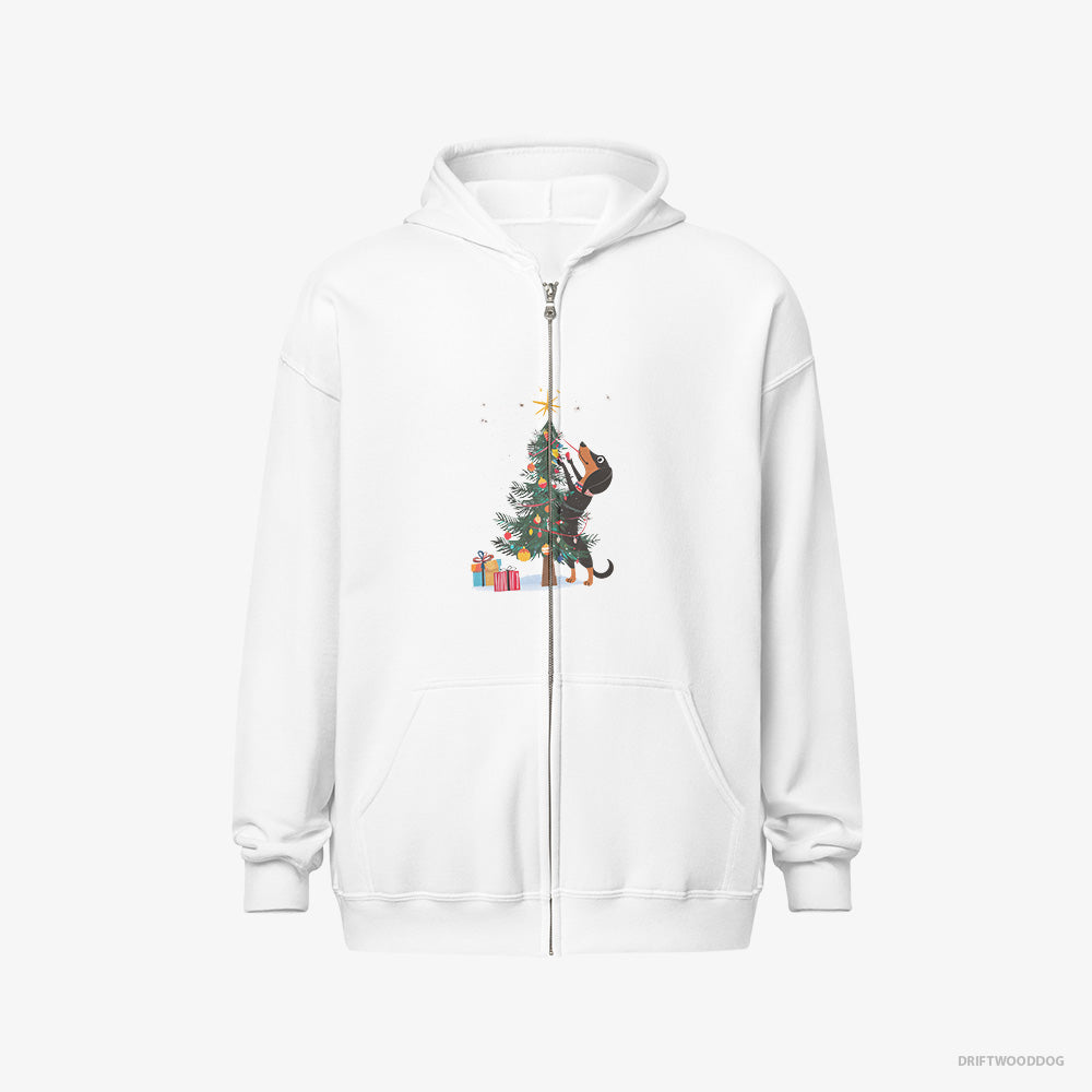 Dachshund Hoodie – Men White Hoodie Full-Zip – Styling the Christmas Tree (on White Background)