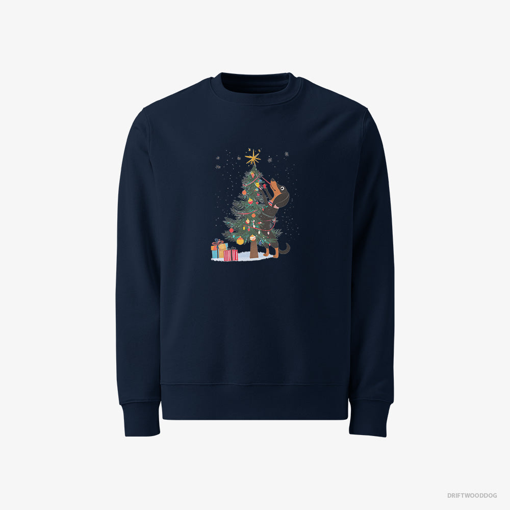 Dachshund Sweatshirt – Women Navy Sweatshirt Classic – Styling the Christmas Tree (on White Background)