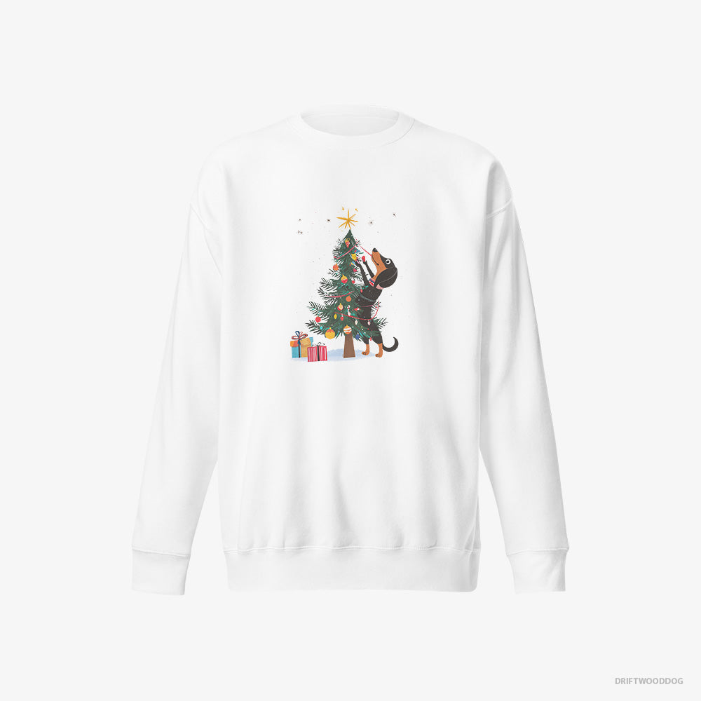 Dachshund Sweatshirt – Men White Sweatshirt Eco-Friendly – Styling the Christmas Tree (on White Background)