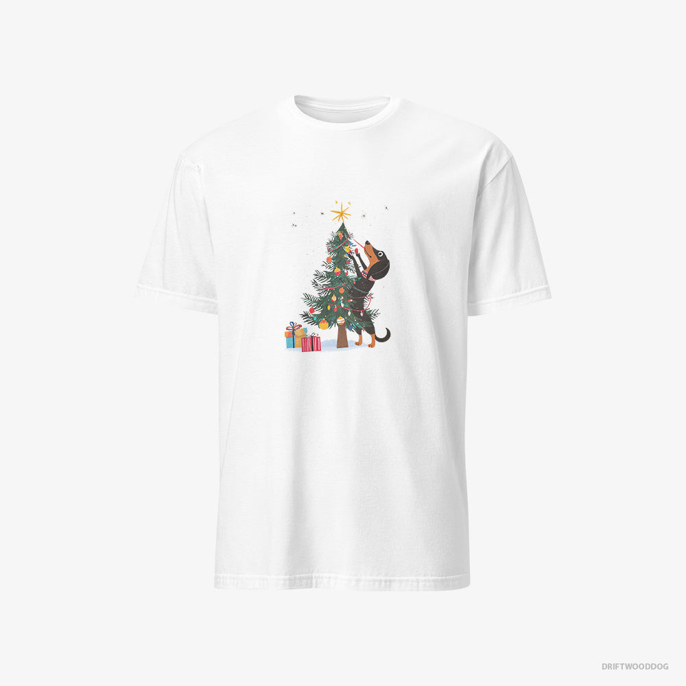 Dachshund T-Shirt – Men White T-Shirt Classic – Styling the Christmas Tree (on White Background)