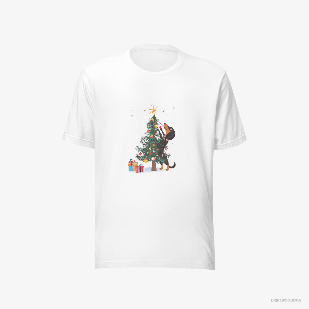 Dachshund T-Shirt – Women White T-Shirt Eco-Friendly – Styling the Christmas Tree (on White Background)