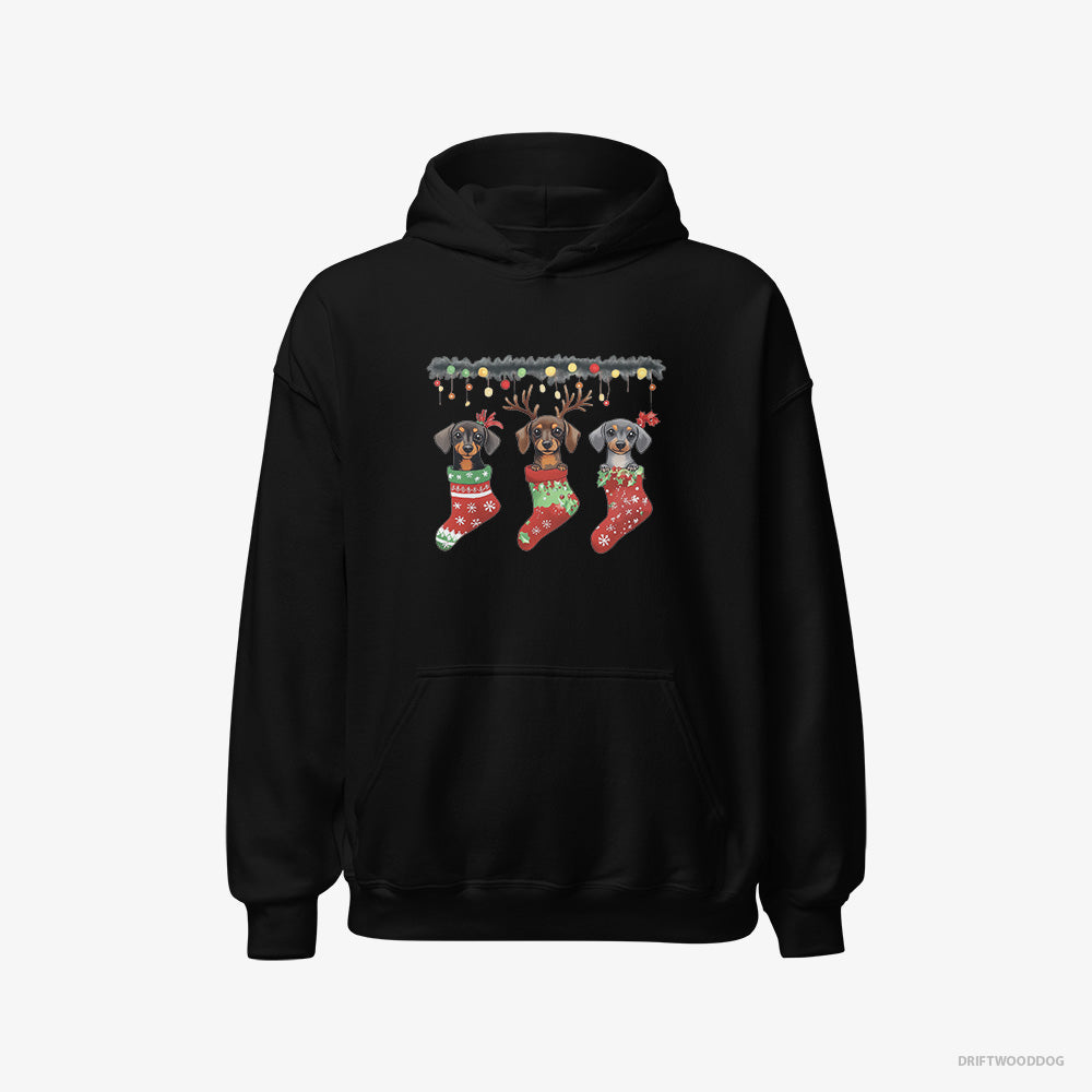 Dachshund Hoodie – Men Black Hoodie Classic – Peeking Out of Christmas Stockings (on White Background)