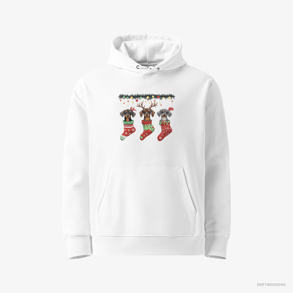 Dachshund Hoodie – Women White Hoodie Eco-Friendly – Peeking Out of Christmas Stockings (on White Background)