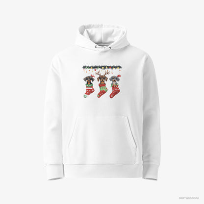 Dachshund Hoodie – Women White Hoodie Eco-Friendly – Peeking Out of Christmas Stockings (on White Background)