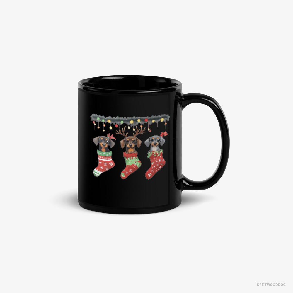 Dachshund Mug – Unisex Black Mug Classic – Peeking Out of Christmas Stockings (on White Background)