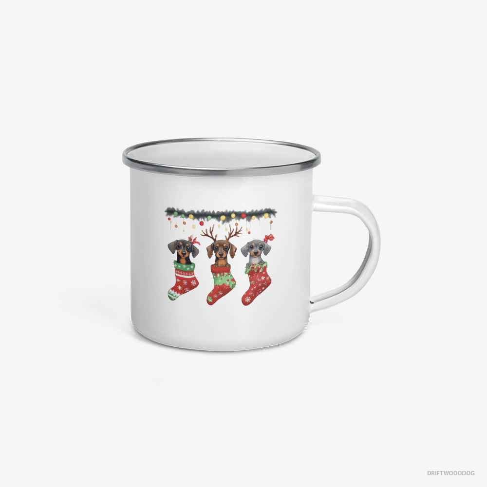 Dachshund Peeking Out of Christmas Stockings Enamel Mug