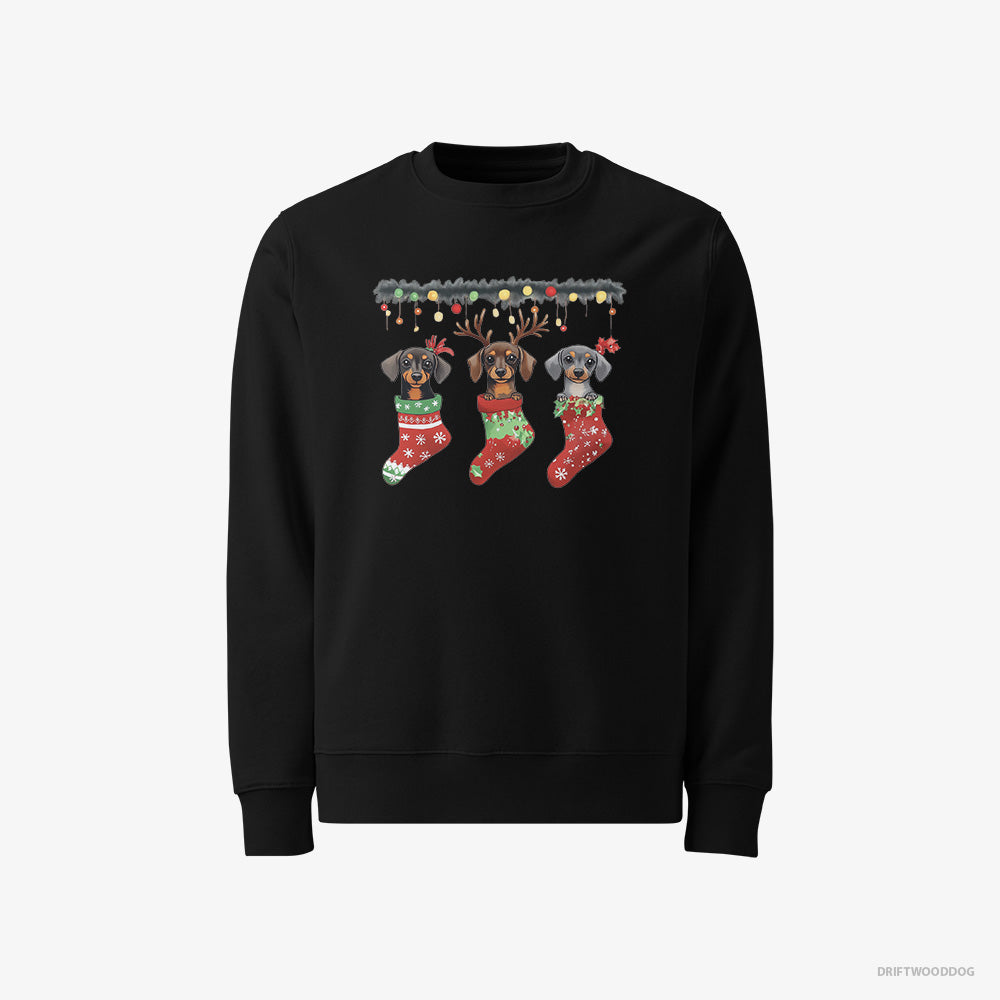 Dachshund Sweatshirt – Men Black Sweatshirt Classic – Peeking Out of Christmas Stockings (on White Background)