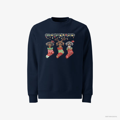 Dachshund Sweatshirt – Men Navy Sweatshirt Classic – Peeking Out of Christmas Stockings (on White Background)