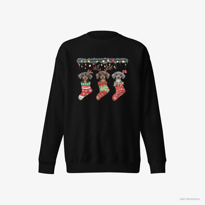 Dachshund Sweatshirt – Men Black Sweatshirt Eco-Friendly – Peeking Out of Christmas Stockings (on White Background)