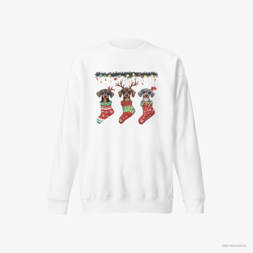 Dachshund Sweatshirt – Men White Sweatshirt Eco-Friendly – Peeking Out of Christmas Stockings (on White Background)