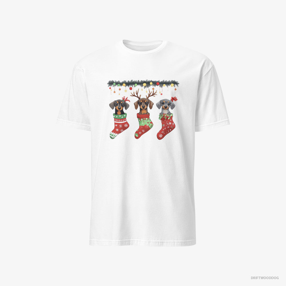 Dachshund T-Shirt – Men White T-Shirt Classic – Peeking Out of Christmas Stockings (on White Background)