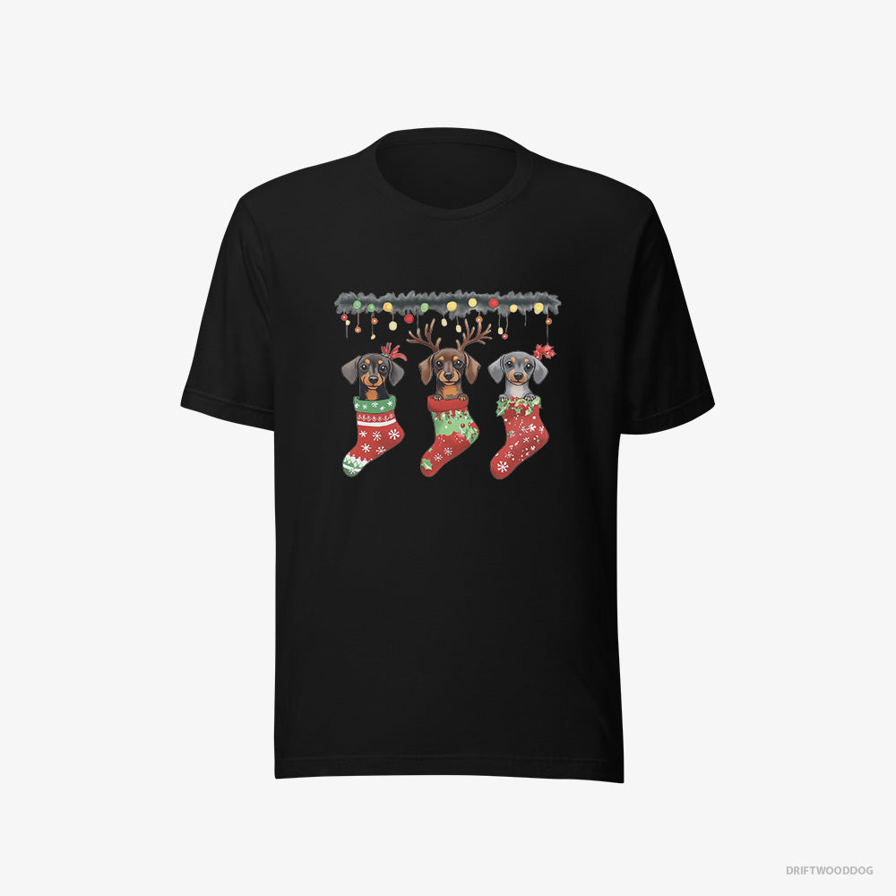 Dachshund T-Shirt – Men Black T-Shirt Eco-Friendly – Peeking Out of Christmas Stockings (on White Background)