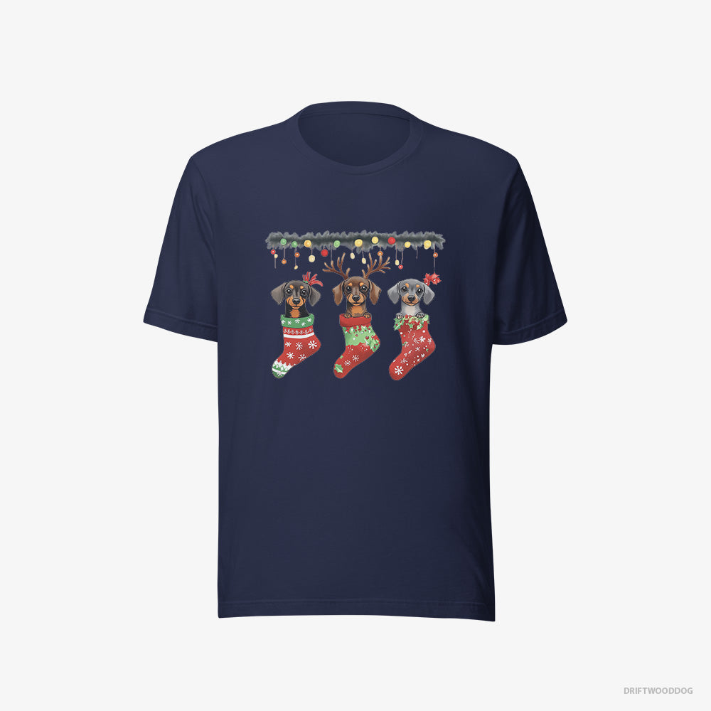 Small Dachshund Peeking Out of Christmas Stockings – Women's T-Shirt Navy Eco – Eco-Friendly