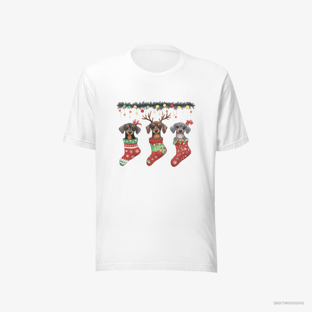 Dachshund T-Shirt – Women White T-Shirt Eco-Friendly – Peeking Out of Christmas Stockings (on White Background)