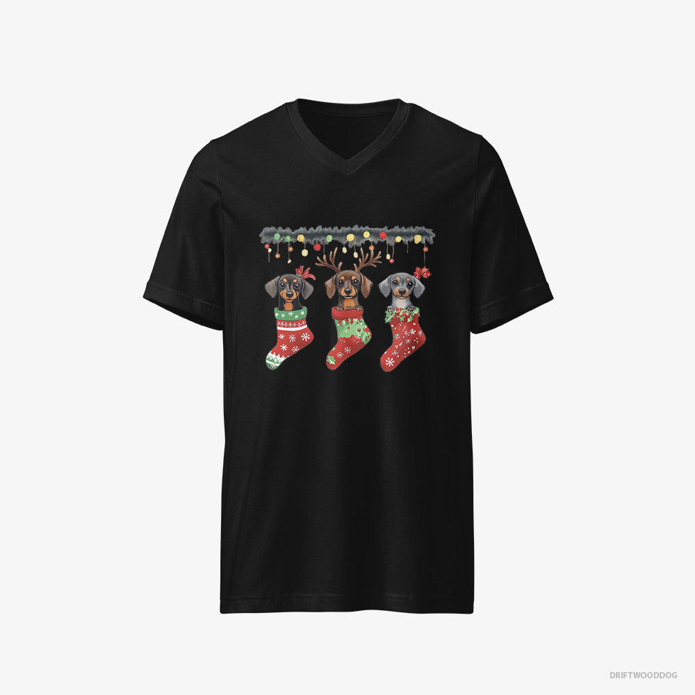 Dachshund T-Shirt – Men Black T-Shirt V-Neck – Peeking Out of Christmas Stockings (on White Background)