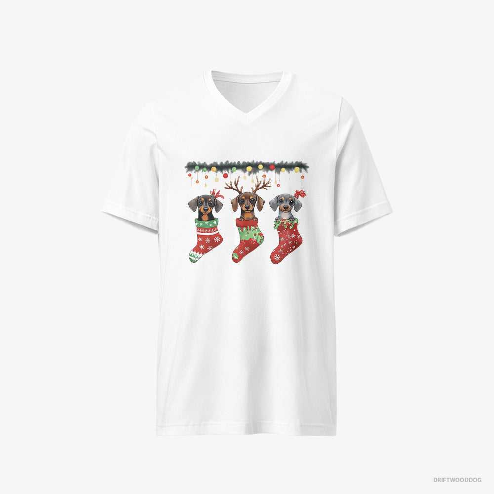 Dachshund Peeking Out of Christmas Stockings V-Neck T-Shirt