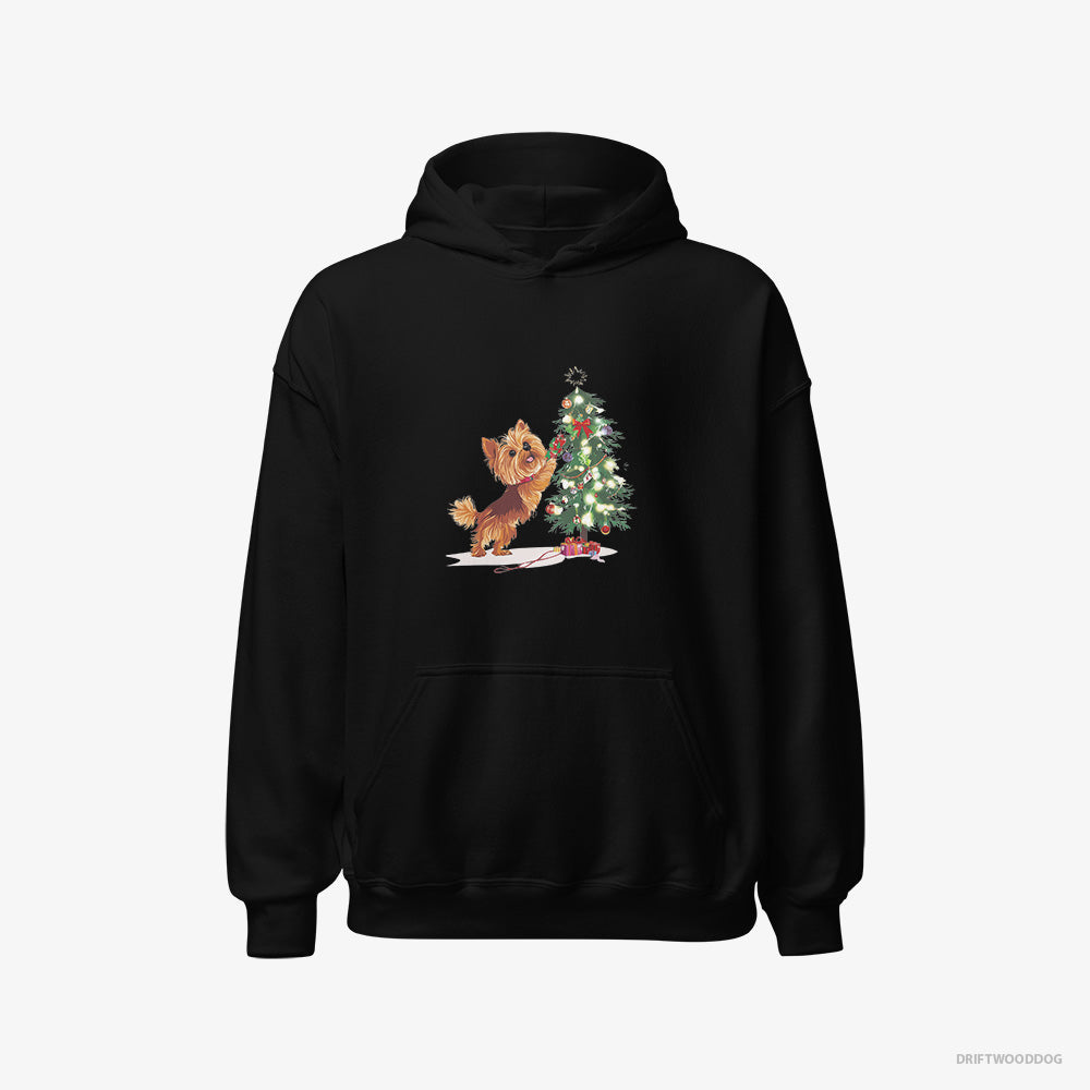 Yorkshire Terrier Hoodie – Women Black Hoodie Classic – Setting Up the Christmas Tree (on White Background)