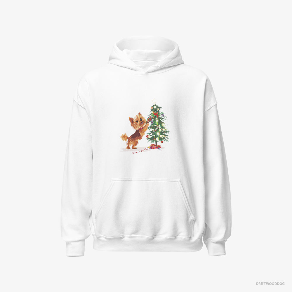 Yorkshire Terrier Hoodie – Women White Hoodie Classic – Setting Up the Christmas Tree (on White Background)