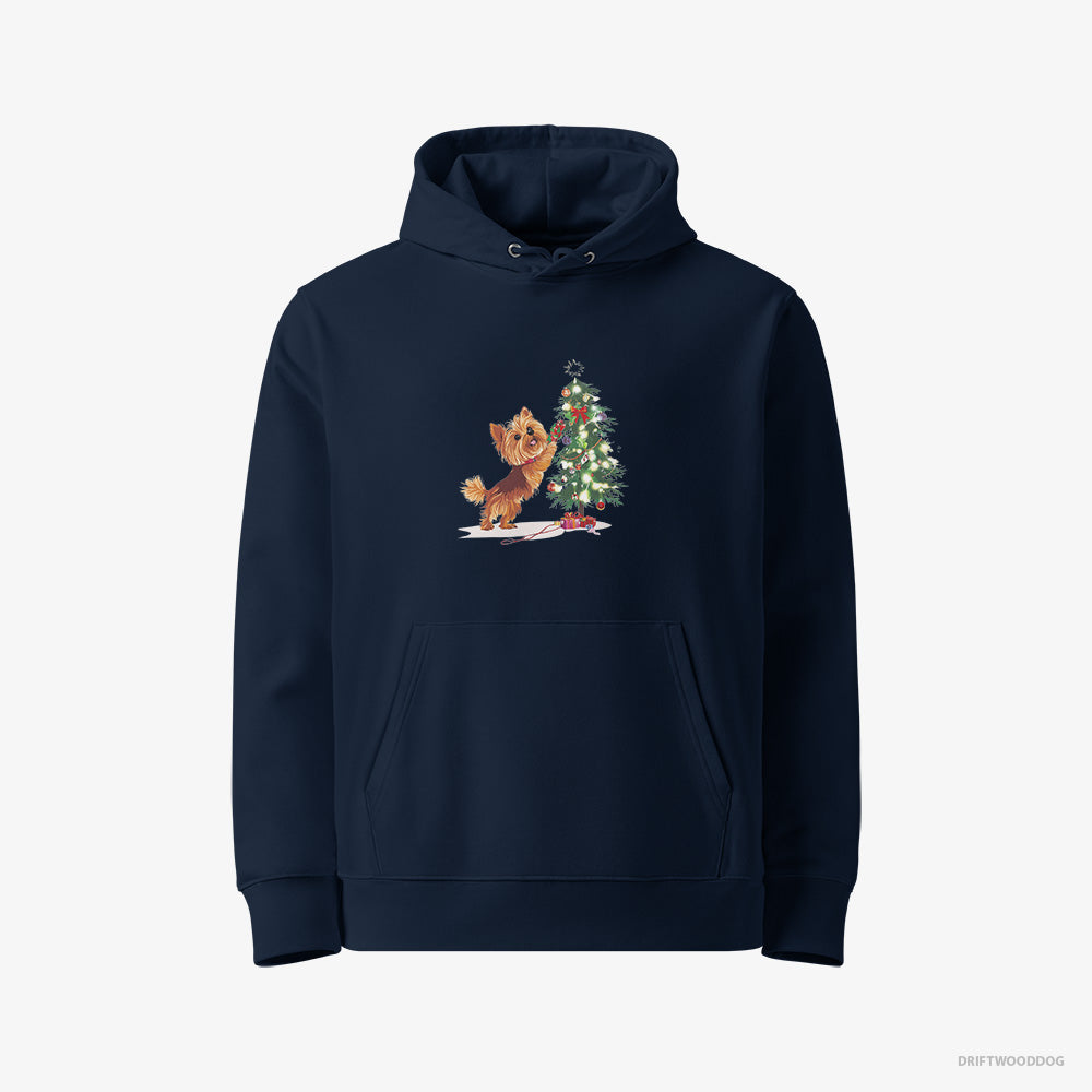 Yorkshire Terrier Hoodie – Women Navy Hoodie Eco-Friendly – Setting Up the Christmas Tree (on White Background)