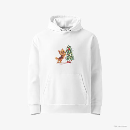 Yorkshire Terrier Hoodie – Women White Hoodie Eco-Friendly – Setting Up the Christmas Tree (on White Background)