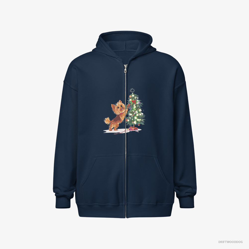 Yorkshire Terrier Hoodie – Women Navy Hoodie Full-Zip – Setting Up the Christmas Tree (on White Background)