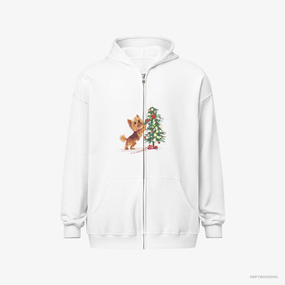 Yorkshire Terrier Hoodie – Women White Hoodie Full-Zip – Setting Up the Christmas Tree (on White Background)