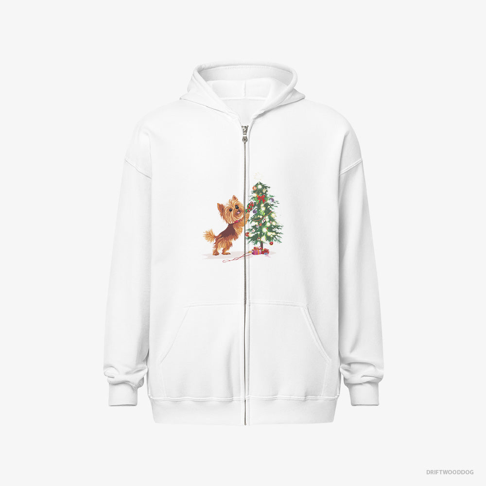 Yorkshire Terrier Setting Up the Christmas Tree – Women's Hoodie White Full-Zip – Full-Zip