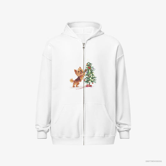 Yorkshire Terrier Setting Up the Christmas Tree – Women's Hoodie White Full-Zip – Full-Zip