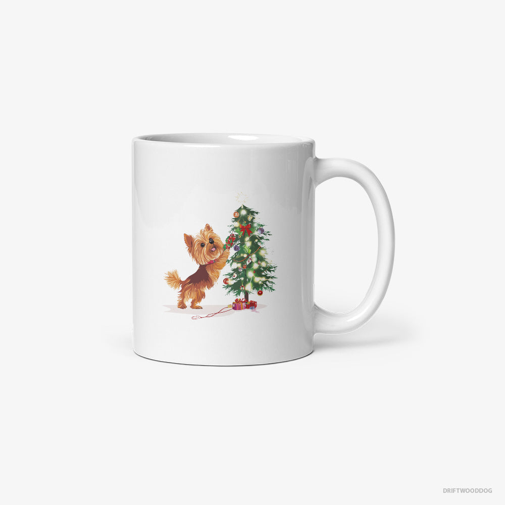 Yorkshire Terrier Mug – Unisex White Mug Classic – Setting Up the Christmas Tree (on White Background)