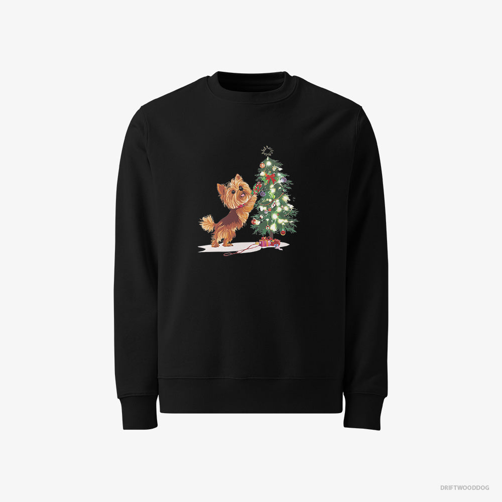 Yorkshire Terrier Sweatshirt – Women Black Sweatshirt Classic – Setting Up the Christmas Tree (on White Background)