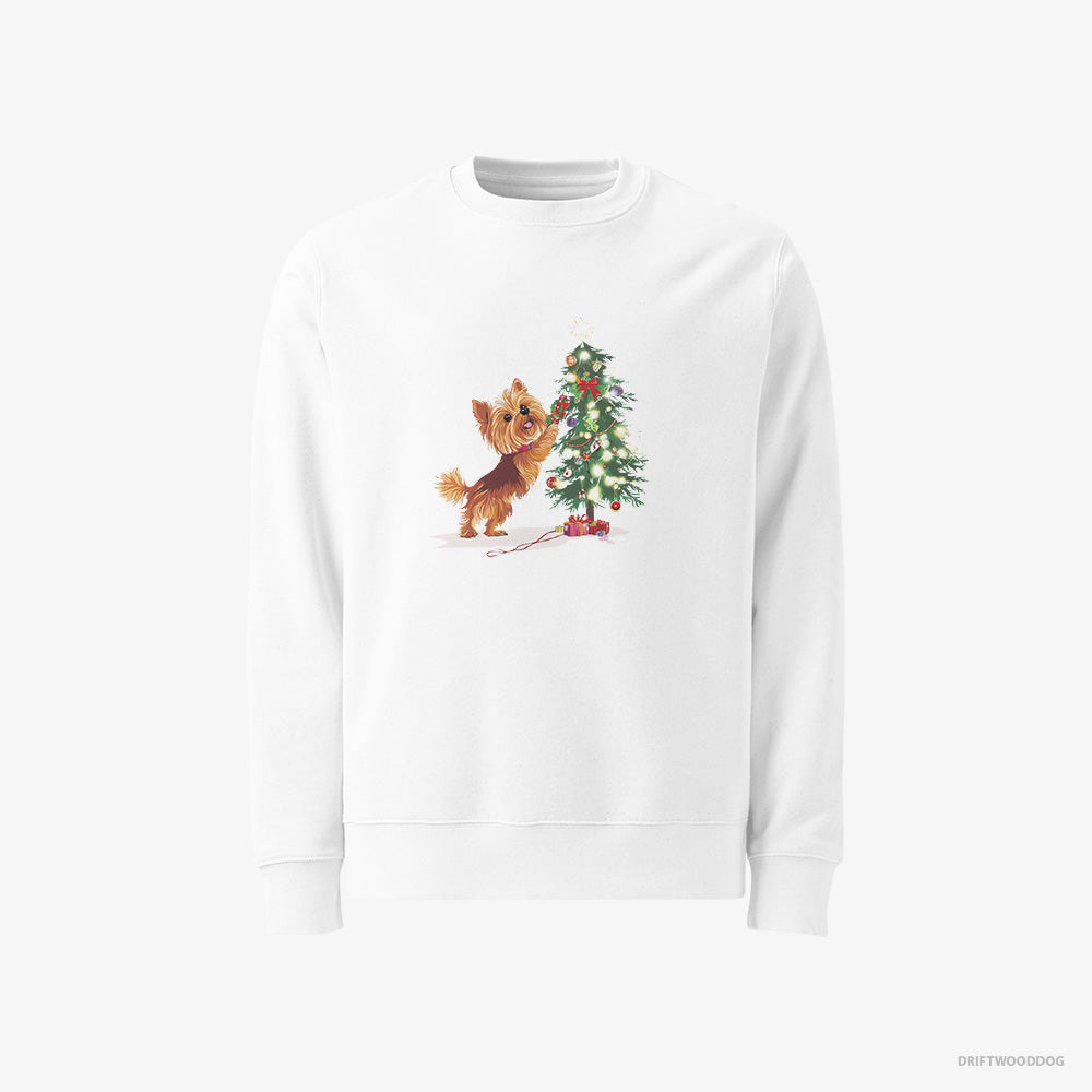 Yorkshire Terrier Sweatshirt – Men White Sweatshirt Classic – Setting Up the Christmas Tree (on White Background)