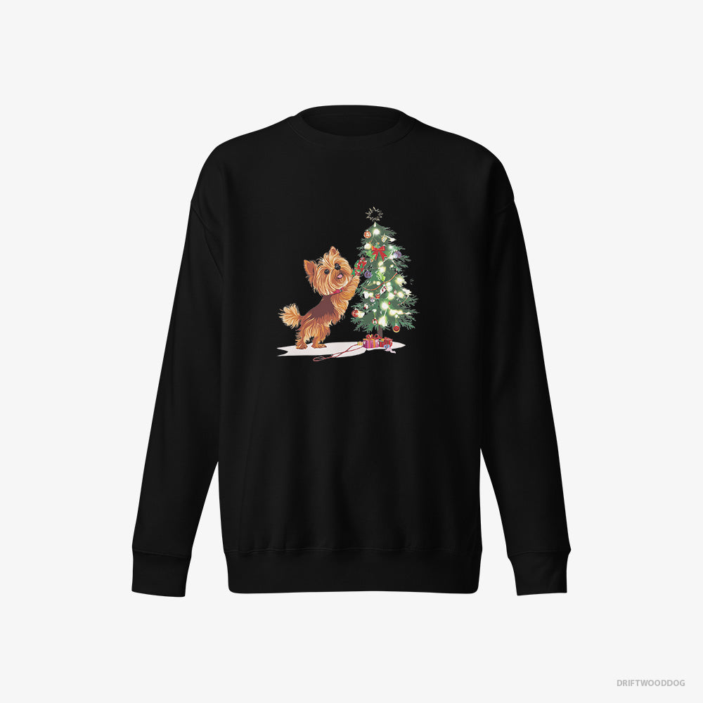 Yorkshire Terrier Sweatshirt – Women Black Sweatshirt Eco-Friendly – Setting Up the Christmas Tree (on White Background)